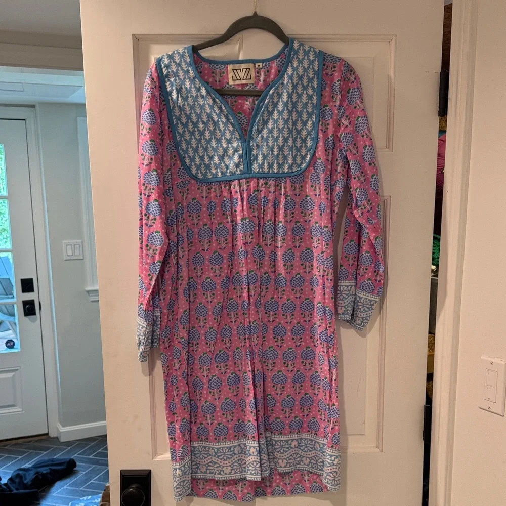 SZ Pink and Blue Blockprint Patterned Tunic Dress - Picture 1 of 2